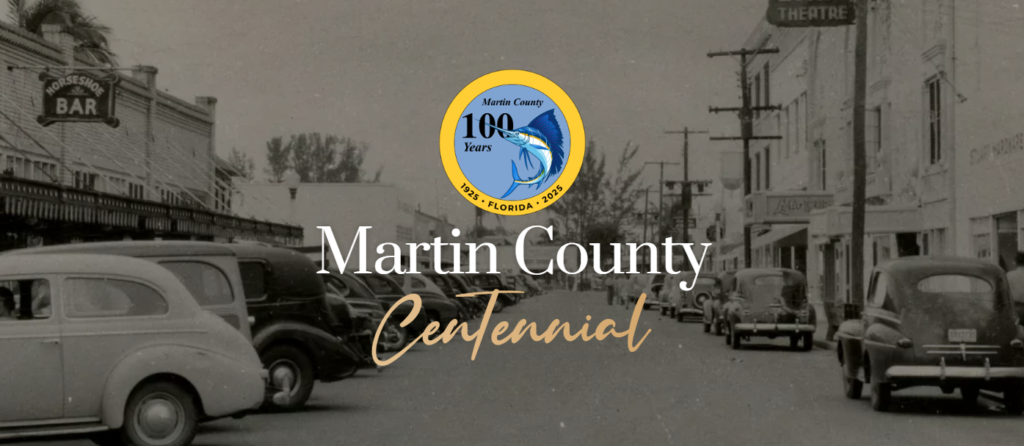 Old black and white photo of Downtown Stuart with the Martin County Centennial logo overlay